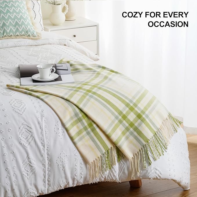 BATTILO HOME Spring Summer Plaid Throw Blanket for Couch Bed, Decorative White Green Stripe Blanket Throw Farmhouse Throw Blankets, Buffalo Checkered Plaid Blankets and Throws for Home Decor
