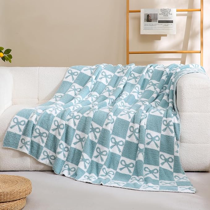 YIRUIO Blue Checkered Knit Throw Blanket - with Bow Pattern for Women Daughter & Son, 60x80 Twin Size Ultra Soft Microfiber Reversible,Fluffy Fuzzy Cozy Throw for Bed, Sofa & Couch, Home Decor