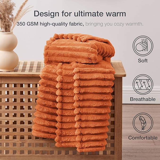 EXQ Home Fall Throw Blanket for Couch or Bed - 3D Stripe Jacquard Decorative Fleece Blankets - Cozy Soft Lightweight Fuzzy Flannel Blanket Suitable for All Seasons(50"×60",Orange)