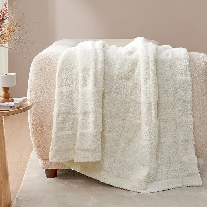 Snuggle Sac Checkered Throw Blanket Faux Fur Microfiber Blankets for Couch,Cozy Soft Warm Blanket for Sofa Bedroom Living Room,Solid Ivory,50x60 inches