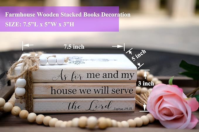 LIVDUCOT As for Me and My House We Will Serve the Lord Decor - Farmhouse Rustic Wood Decorative Books Stack for Home Coffee Table Living Room - Faux Books for Fireplace Mantle Bible Verses Decoration