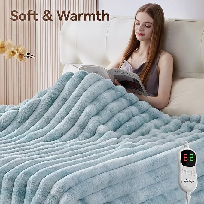 Heated Throw Blanket, Faux Fur Cozy Heating Blanket with Overheat Protection, 1/2/4/6/8 Hours Auto-Off 10 Heat Level, Machine Washable (72x84 I Inches, Blue)