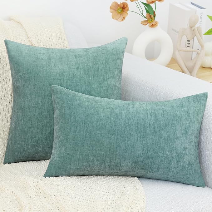 decorUhome Chenille Aqua Haze Throw Pillow Covers 24x24 Inch Set of 2, Decorative Soft Couch Pillow Covers Solid Dyed Accent Farmhouse Neutral Square Pillow Cases for Sofa