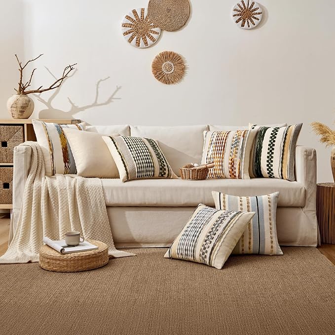 ANRODUO Pack of 1 Boho Decorative Throw Pillow Covers 18x18 Farmhouse Cushion Case Striped Chenille Pillow Cases Square Pillow Covers Accent Neutral Pillowcase for Sofa Couch Bed, Dark Green Stripe