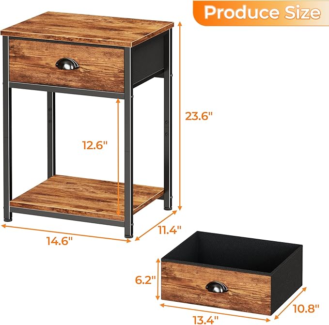 Furologee Nightstands Set of 2, Night Stand with Fabric Drawer and Storage Shelf, Retro Bedside Sofa Tables for Small Place, End Side Tables Living Room Bedroom, Rustic Brown