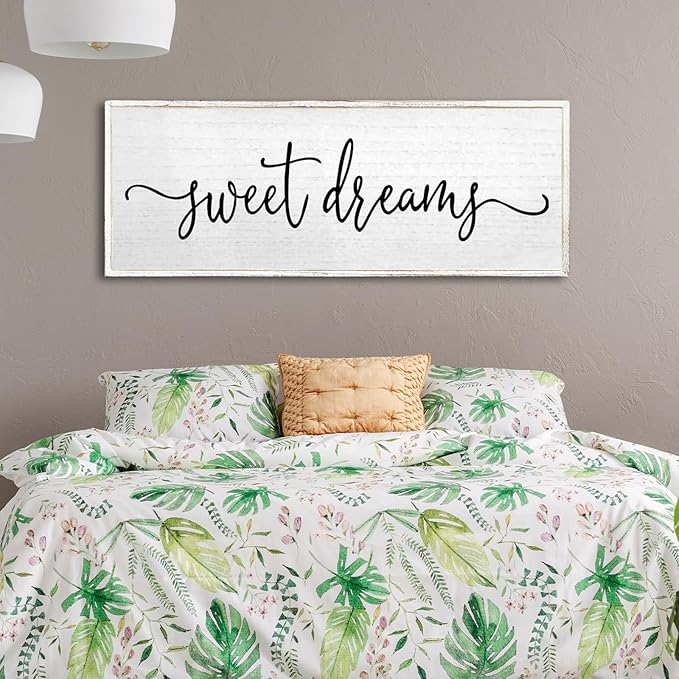 Sweet Dreams Wall Decor Above Bed Sign 24''×10'' Large Wood Framed Master Bedroom Guest Room Sweet Dreams Signs Farmhouse Rustic Wall Art Decoration (White)