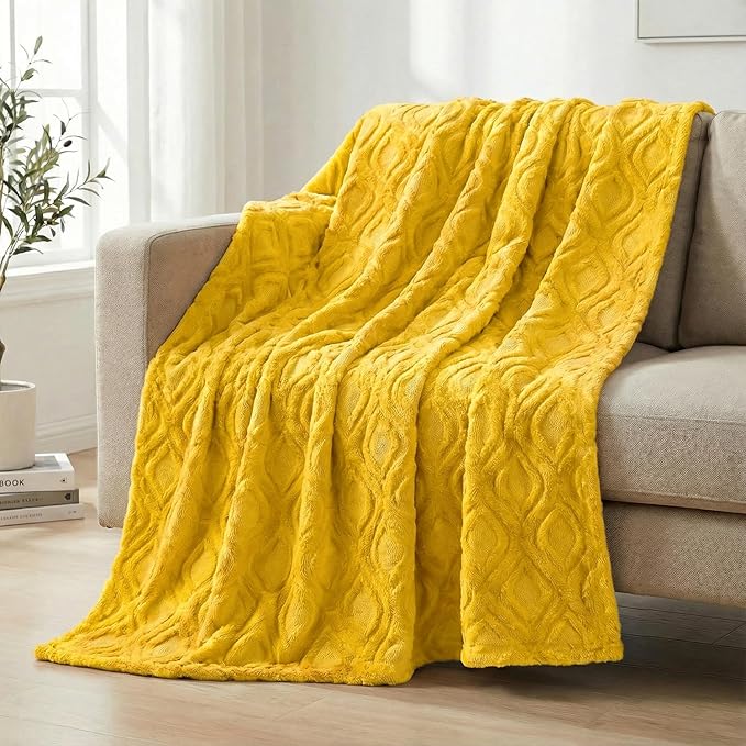Horaldaily Solid Blanket Throw, Yellow Accent Farmhouse Neutral Square Euro Soft Fuzzy Plush Faux Fur Cozy Blankets for Couch Sofa Bed Lounging, Ideal Gifts for Kids Adults Wife Self, 50x60