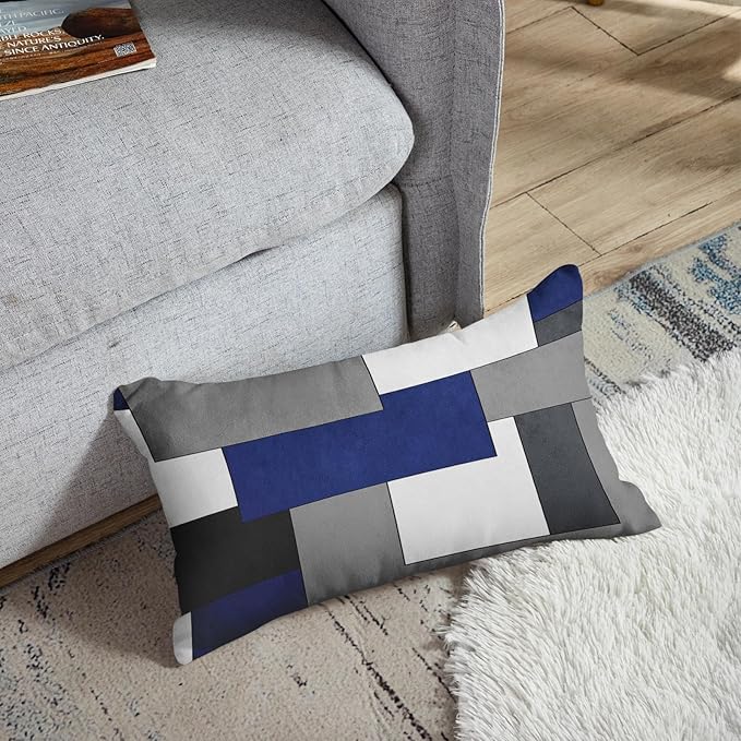 Emvency Set of 2 Dark Blue Geometric Throw Pillow Cover Black Grey White Painting Abstract Checkered Design Decorative Pillow Case Modern Home Decor Standard Square 12x20 Inch Cushion Pillowcase