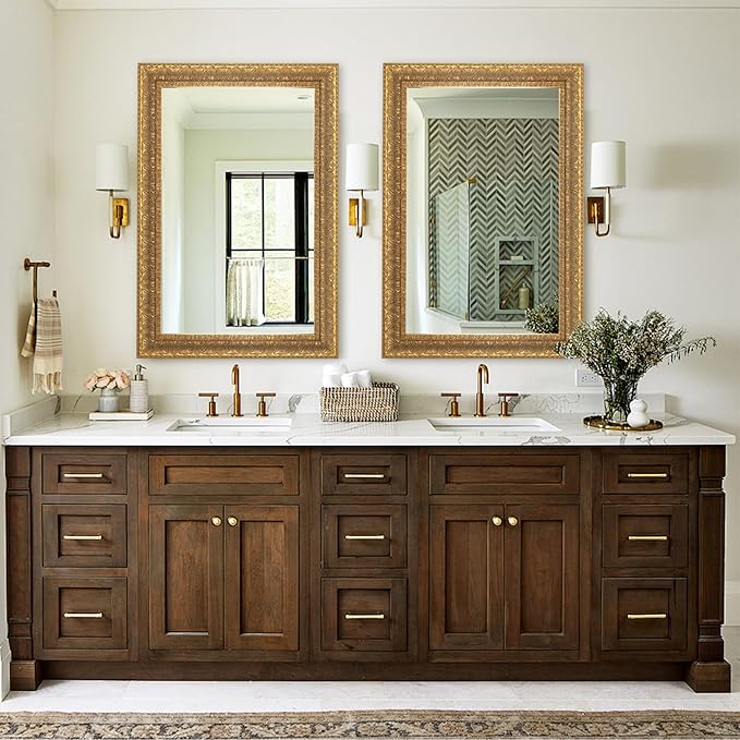 Chende Decorative Wall Mirror with Leaves Wood Frame, 41" L x 29" W Gold Ornate Mirror for Wall Decor, Elegant Rectangular Mirror for Living Room Bathroom Bedroom Fireplace Mantle