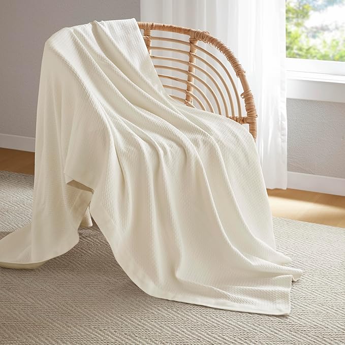 Madison Park 100% Egyptian Cotton Lightweight Summer Blanket, Breathable Waffle Knit Design, Soft Cozy All-Season Throw for Bed, Couch or Sofa, Cream Twin Size (66"x90")