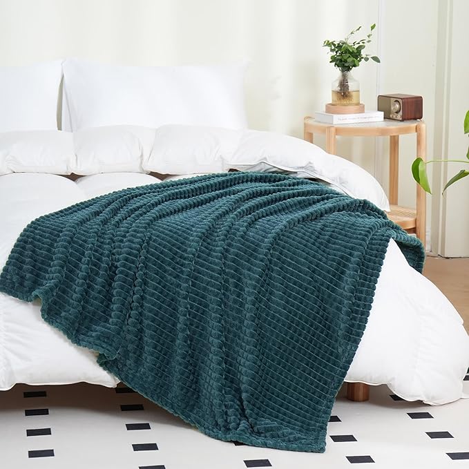 Puncuntex Flannel Fleece Throw Blanket Dusty Blue 60"×80",Super Soft Plush Cozy Blanket with Square Grid Design Luxury for Couch Sofa Chair