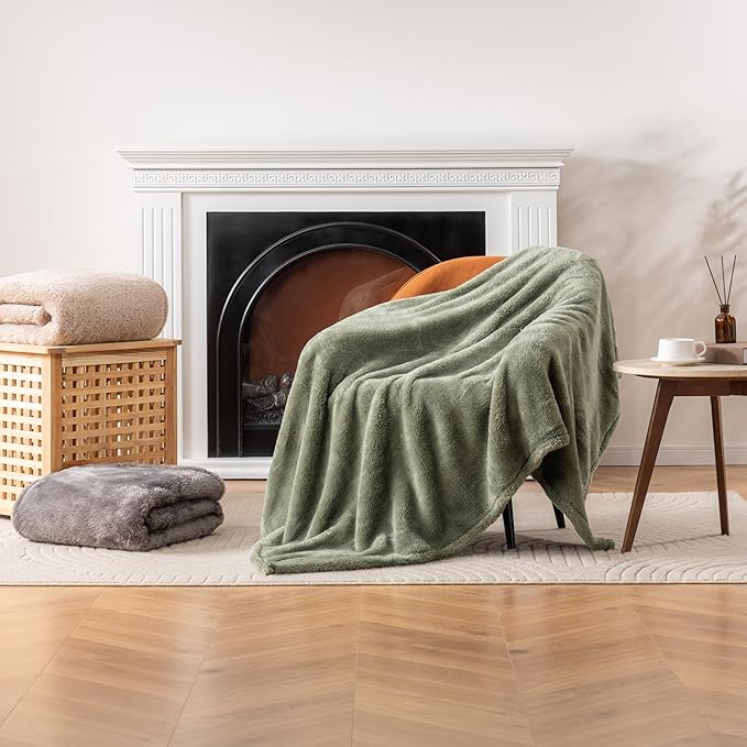 Berkshire Blanket Classic Extra-Fluffy Plush Blanket Queen Size, Soft Fuzzy Fluffy Long Hair Blanket for Couch Sofa Bed, Dark Sage Green, 90x90 Inches