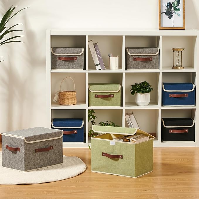 2PCS Storage Boxes with Lid Cotton Linen Fabric Storage Bins Organizer Container Decorative Collapsible Washable Shelf Closet Baskets Faux Leather Handles Home Bedroom (Deep Blue, Large)
