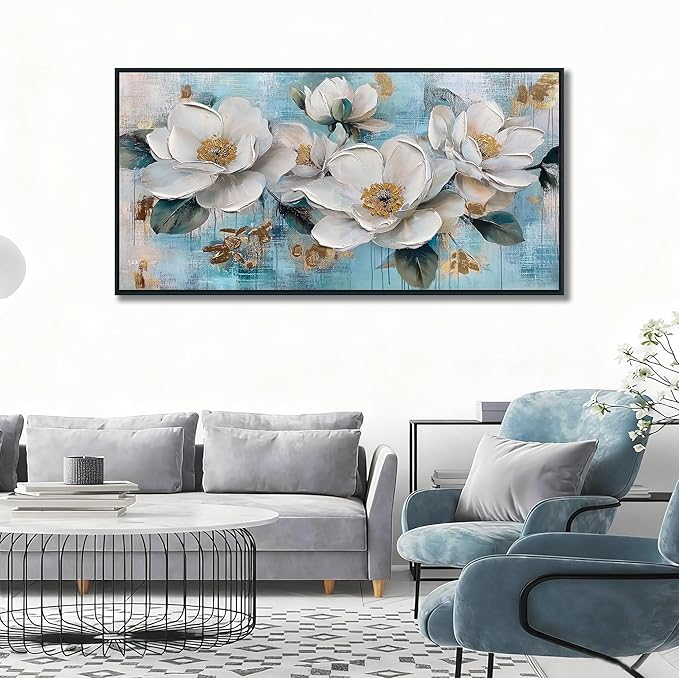 Ardemy Teal Flower Wall Art Framed Canvas for Living Room White Gold Floral Magnolia, Modern Serene Painting Bedroom Picture Textured Artwork Home Office Wall Decor, Black Wood Large 40"x20"