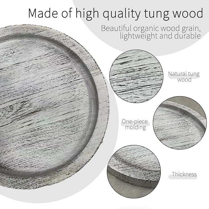 Candle Plate Holder Tray: Round Wooden Decorative Candle Plate Small Farmhouse Table Centerpiece Rustic White Wood Tealight Pillar Trays for Home Decor (White Rustic)