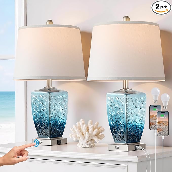 QiMH Glass Table Lamps for Living Room, Modern Bedside Lamps for Night Stands with USB A+C Ports, 3-Way Dimmable Touch Lamp for Bedroom Set of 2 with White Linen Shade Home Decor, Blue