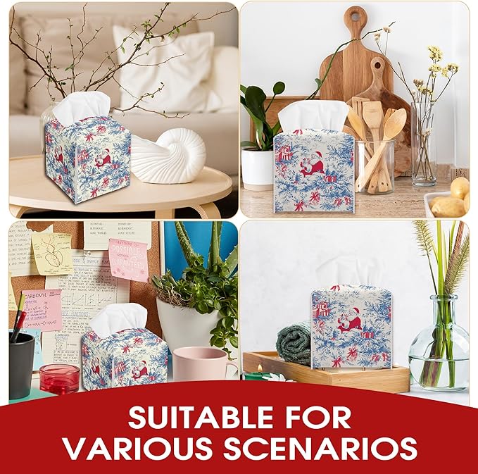 Blue Chinoiserie Tissue Box Cover Leather, Christmas Santa Claus Tissue Box Cover Square, Xmas Gift Ideas for Family Friends, Bathroom Kitchen Car Office Home Table Decor(5.2 Inches)-B16