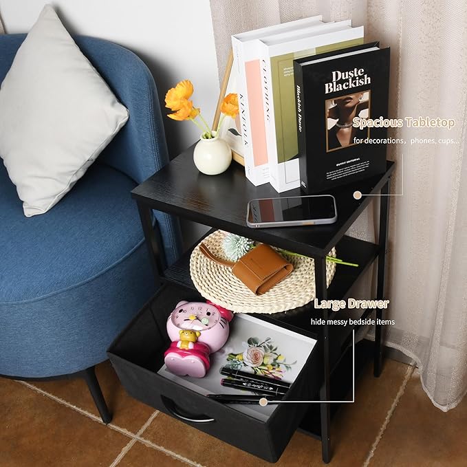 Black Nightstand with Fabric Drawer and Wood Shelf, Waterproof Surface Bedside Table, Eco-Friendly Small Side Table for Bedroom