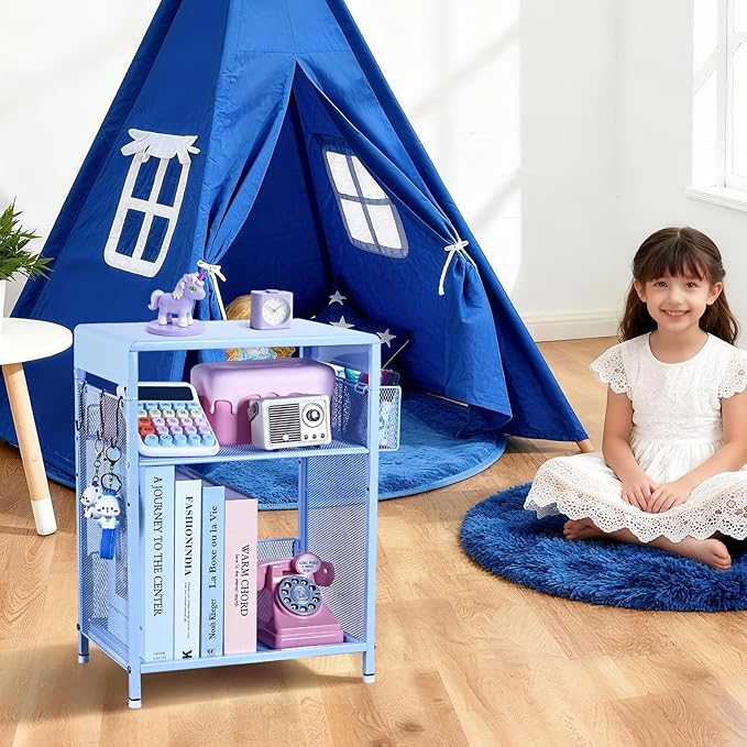 Kids Nightstand, 3-Tier Metal Side Table with Adjustable Storage Shelf, Basket & 3 S-Hooks, Small Bedside Table for Nursery, Toddler Bedroom and Small Spaces (Blue)