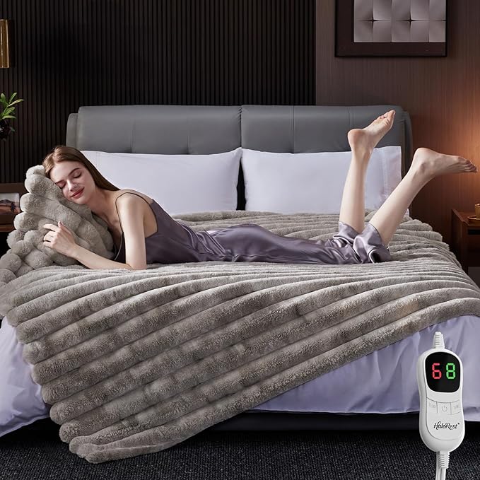 Heated Throw Blanket, Faux Fur Cozy Heating Blanket with Overheat Protection, 1/2/4/6/8 Hours Auto-Off 10 Heat Level, Machine Washable (62x84 Inches, Tie-Dye Light Grey)
