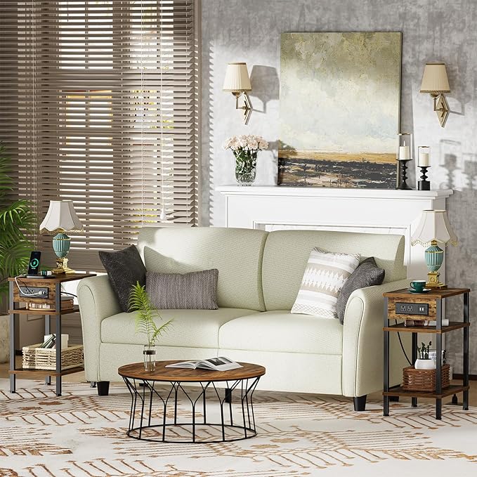 Side Table with Charging Station, End Tables Living Room, 21.7 Inch Skinny Night Stand with Storage, Small Bedside Tables for Bedroom, Office, Dorm, Hallway, Rustic Brown