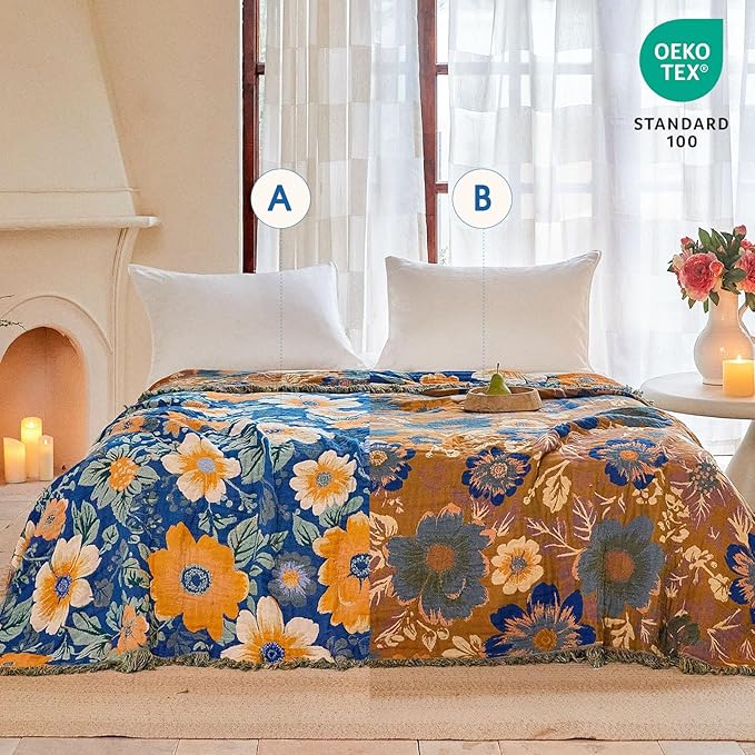 Boho Throw Blanket - 100% Cotton Ultra Soft Muslin Spring Blanket, 50"x60" Lightweight Floral Bird Framhouse Bedding Blanket for Bed, All Season Blue Bohemian Bedroom Home Decor Quilt