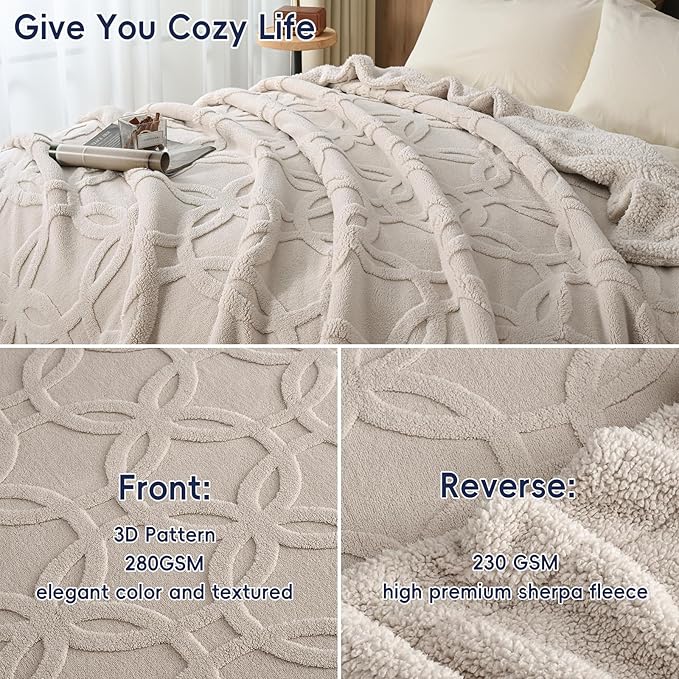 PHF Soft Sherpa Fleece Blanket King Size for Bed, 510GSM Fleece Lightweight Yet Warm Blanket, No Shed No Pilling, 108" x 90", Tufted Jacquard Cozy Thick Bed Throw for Home Decor Gift, Oak