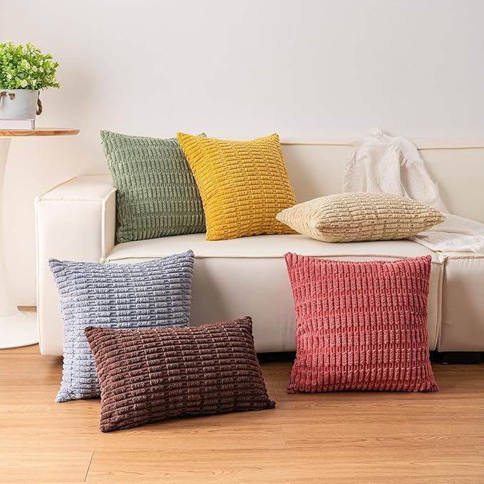 Aegero Pack of 2 Corduroy Decorative Throw Pillow Covers 18x18 InchSoft Boho Striped Pillow Covers Modern Farmhouse Home Decor for Sofa Living Room Couch Bed(Light Grey)