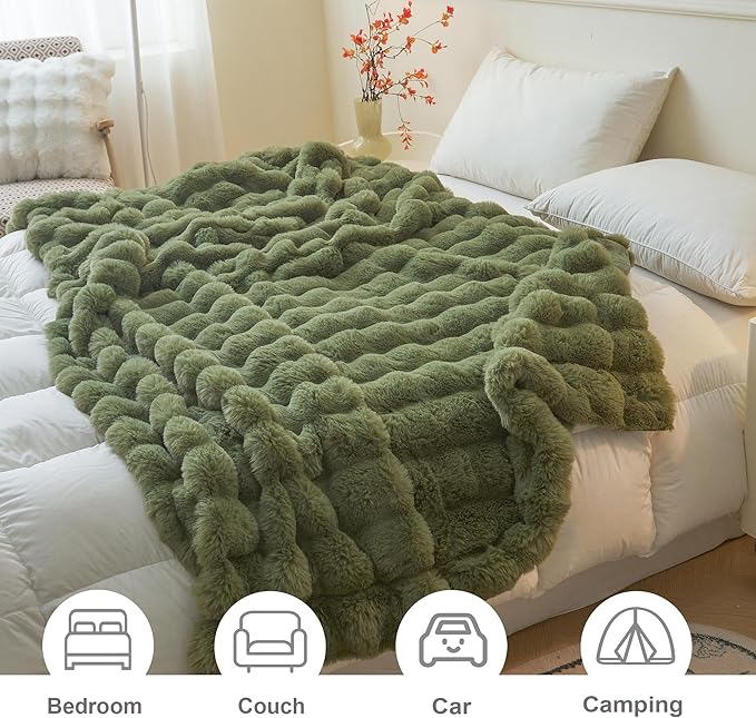LIFEREVO Fluffy Faux Rabbit Fur Bubble Blanket, Plush Shaggy Throw for Couch Sofa, Cozy Comfy Furry Bed Blanket Adults Kids Teens Girls, Moss Fuzzy Throw for Bedroom Living Room, 60x90, Sage Green