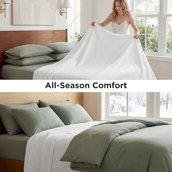 Bedsure Gentlesoft 100% Cotton Blanket Queen Size for Bed - Cooling Breathable and Soft for Spring Summer, Thick Cozy Waffle Weave Blanket Gifts for Women, White, 90x90 Inches