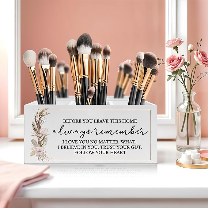 Before You Leave This Home Pen Pencil Holder, Inspirational Gifts for Women, Rustic Flower Motivational Pencil Pen Holder Organizer for Home Office Desk Accessories