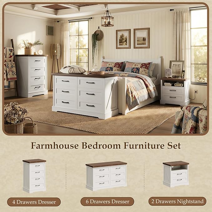 AODK 24 Inch Farmhouse Nightstand with Charging Station, Wood Bedside Table with 2 Drawers and Open Shelf, Rustic End Table with Outlet and USB, White & Dark Walnut