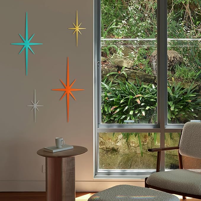 sxnzequnze 4 Pack Metal Star Wall Art 8 Pointed Starburst Wall Decor Set with 2 Large & 2 Small Pieces Mid Century Celestial Metal Wall Sculpture for Bedroom Living Room Office Gallery Wall