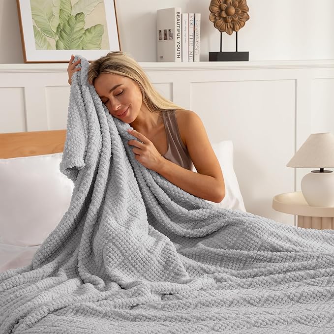 Whale Flotilla Fuzzy Fleece Throw Blanket for Couch, Bed, Soft Fluffy Jacquard Waffle Blankets for All Season, Lightweight and Warm, 50x60 Inch, Light Grey