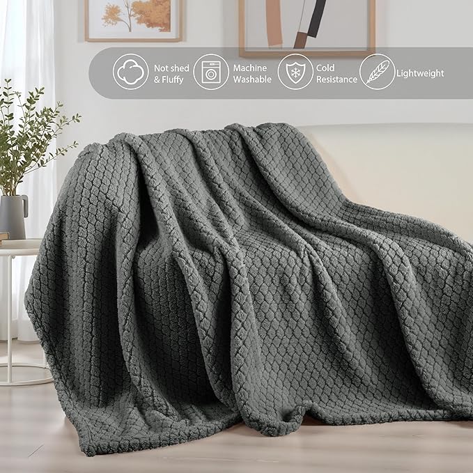 Exclusivo Mezcla Queen Size Fleece Blanket for Bed, Extra Soft Warm Decorative Fuzzy Blanket for Women, Lightweight Cozy Bedding Blankets, 90x90 Inches, Dark Grey