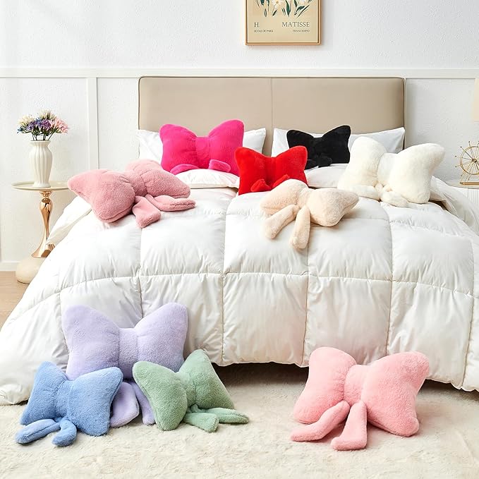 Dusty Blue Bow Pillow,12'' Bow Decorative Pillows with Faux Rabbit Fur,Soft Bow Throw Pillows Aesthetic Bow Shaped Pillow for Bed Sofa Couch Home Decor