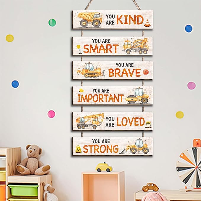 6 Pcs Construction Truck Decor Kids Room Decor, Construction Truck Positive Quotes Wall Art Decor Hanging Plaque Sign for Teens Bedroom Toddler Room, Works of art Made of Wood, Placards of Wood