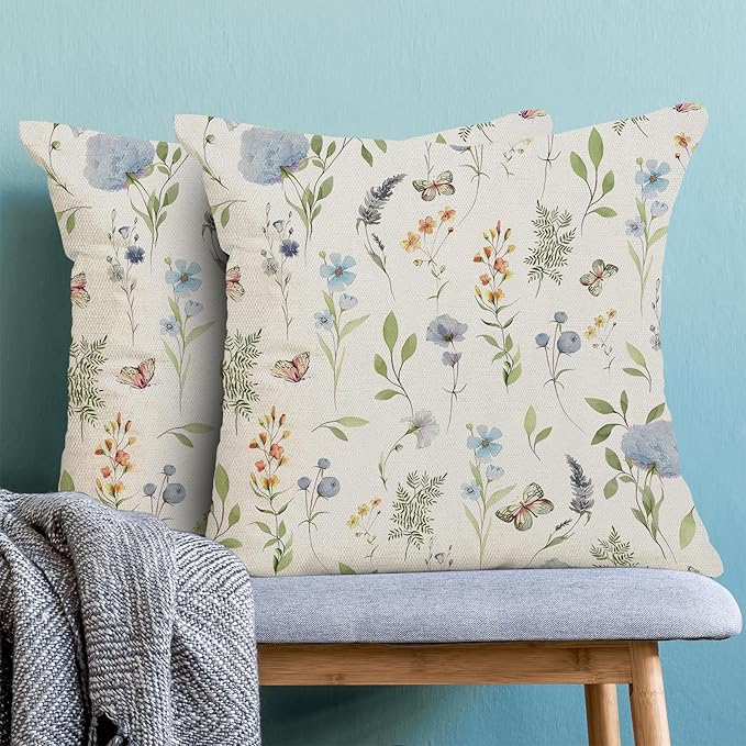Spring Pillow Covers 20x20 Inch Set of 2, Sage Green Blue Wild Flower Throw Pillows Case,Colorful Seasonal Floral Plant Outdoor Decorative Farmhouse Decor Cushion Covers for Home Sofa Bed Couch