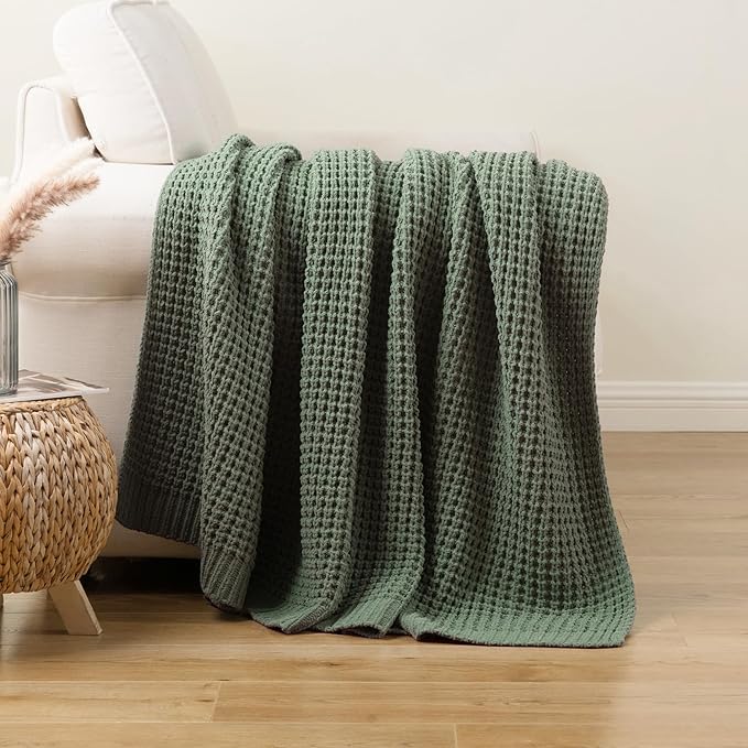 Bunnikins & Clover Knitted Waffle Throw Blanket 60x80 Inches, Sage Green Throw Blanket for Couch, Soft Cozy Chenille Knit Blanket Warm Decorative Throw for Sofa