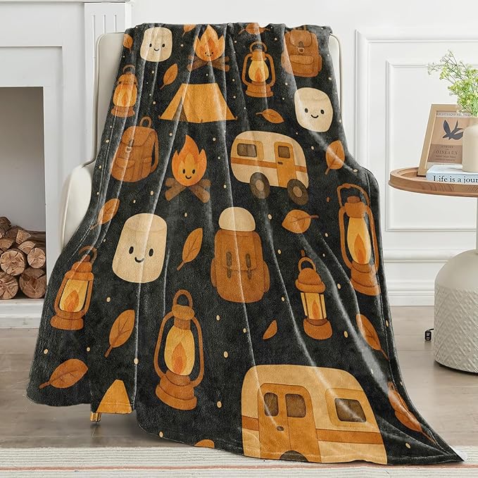 Camping Blanket Cute Cartoon Campfire Tent Marshmallow Lantern and Camper Pattern Throw Blankets Lightweight Flannel Throws for Couch Chair Office Bed Home Decor Gifts for Adults,60x50inch