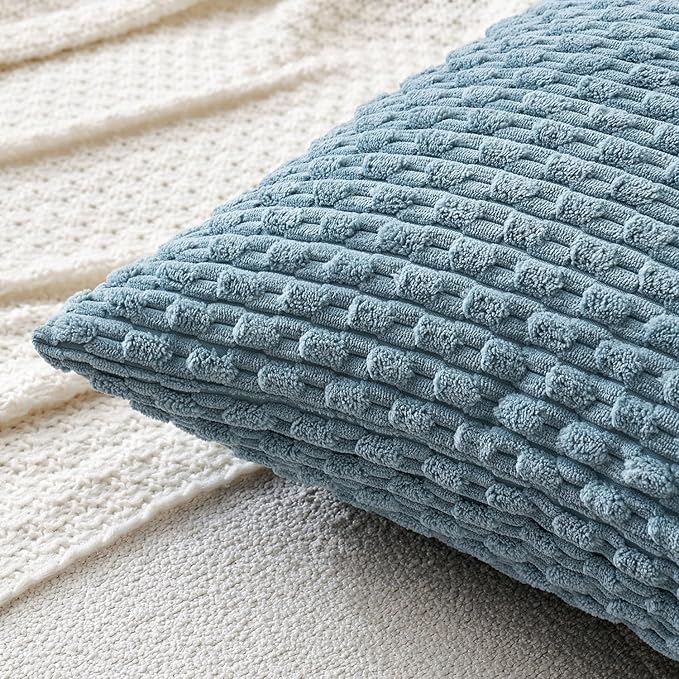 MIULEE Pack of 2 Decorative Throw Pillow Covers 18x18 Inch Soft Boho Striped Textured Corduroy Pillow Covers Modern Farmhouse Home Decor for Couch Bed Sofa Living Room Blue Grey