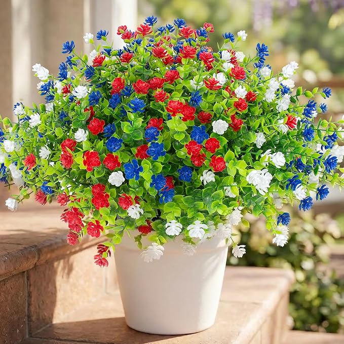 Hananona Artificial Flowers Outdoor, Faux Artificial Plants UV Resistant Plastic Flower Bulk for Hanging Planter Porch Window Home Wedding Fall Summer Decor (24, Red, White, Blue)