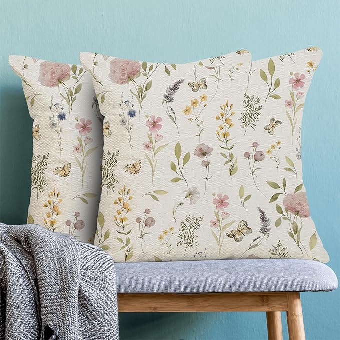 Spring Pillow Covers 18x18 Inch Set of 2, Sage Green Pink Wild Flower Throw Pillows Case,Colorful Seasonal Floral Plant Outdoor Decorative Farmhouse Decor Cushion Covers for Home Sofa Bed Couch