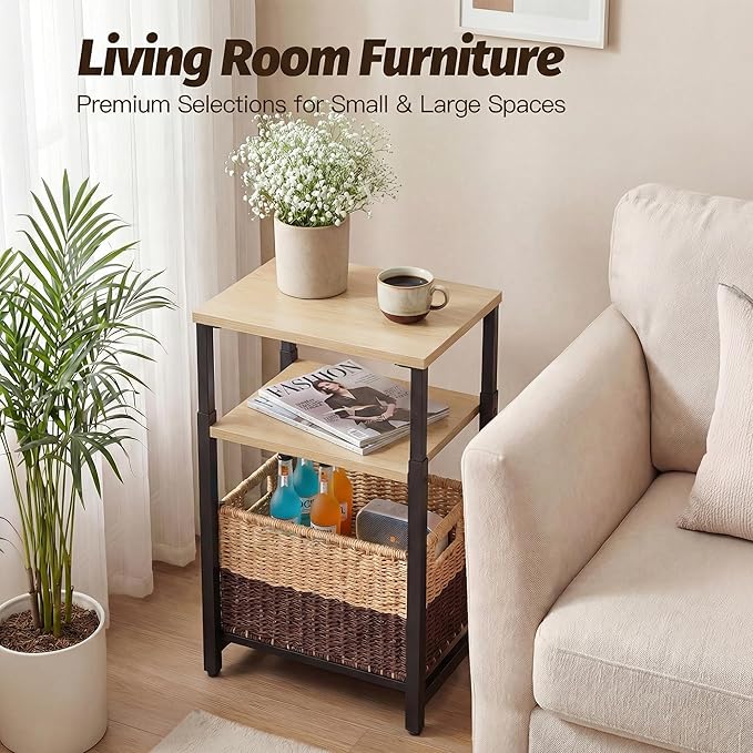 Side Table with Storage Basket and Adjustable Height, Small End Table with Modern Design for Living Room, Bedroom Nightstand Bedside Table for Small Spaces (Light Brown + Classic Black)