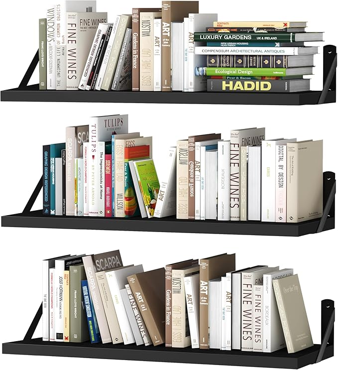 upsimples 23.6 Inches Floating Book Shelves for Wall, Floating Wood Shelves for Living Room, Laundry Room, Bedroom, Office Organizer and Storage, Black