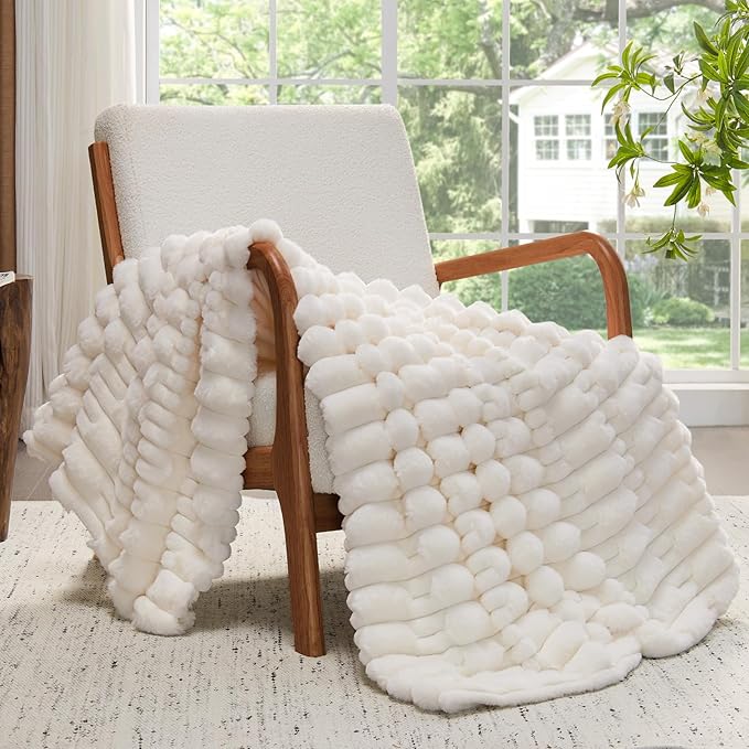 BEDELITE Faux Fur Twin Blanket for Couch - Super Soft & Cozy Plush Striped Blanket for Sofa and Room Decor, Luxury Fluffy All-Season Blankets Gift for Women, Men, Mom, Dad, 60x80 inch, Cream