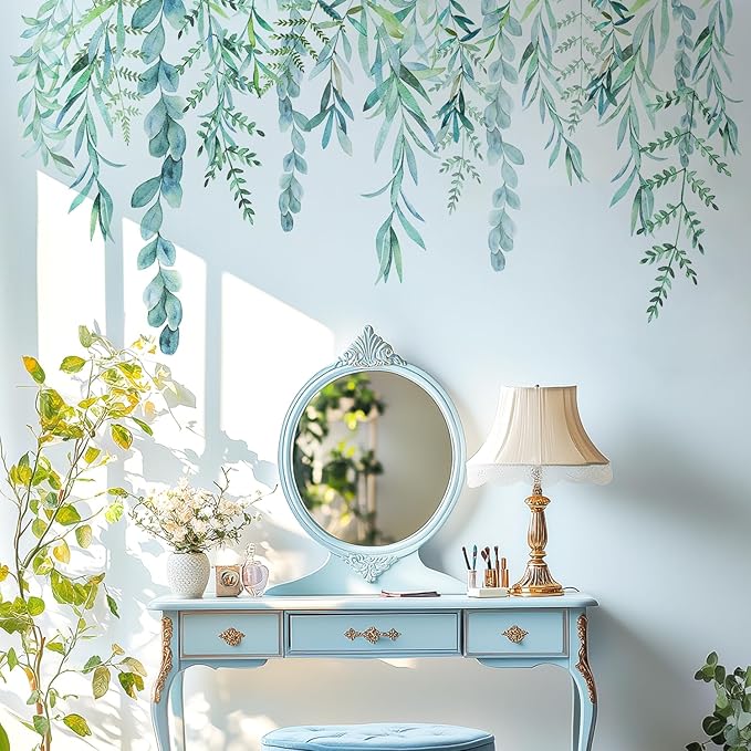 Green Hanging String of Willow Wall Decals Peel and Stick, Large Plants Vinyl Wall Stickers, Removable Vine Home Decor Art for Bedroom Living Room Classroom Office