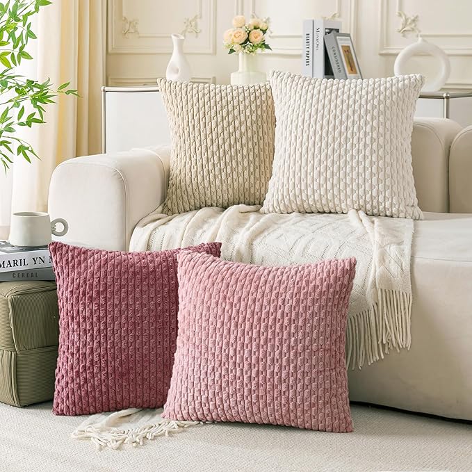 Set of 4 Pink Beige White Decorative Throw Pillow Covers 20x20 Inch Corduroy Pillow Covers for Bed Couch Sofa Living Room Soft Square Cushion Cases