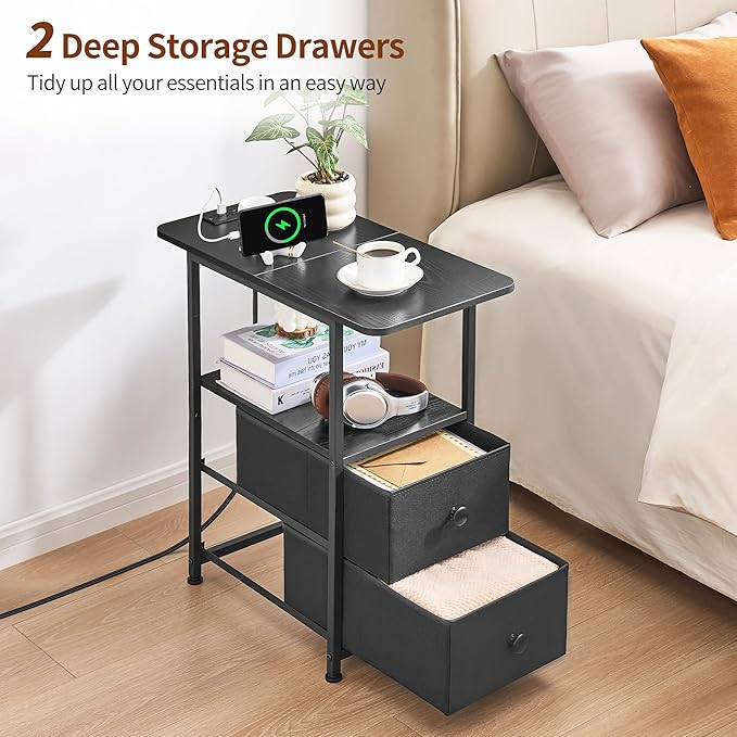 Narrow End Table with Charging Station, Narrow Side Table with 2 Fabric Drawers, Slim Nightstand with LED Light, Small Bedside Table with Storage, Living Room, Bedroom, Black HKET1203BK