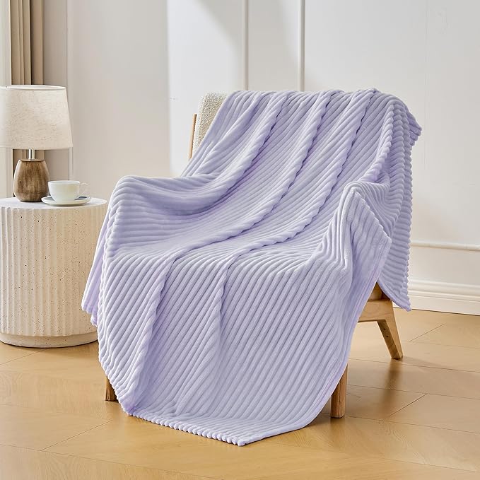Bnuitland Fleece Throw Blanket for Couch, 300GSM Soft Warm Cozy Fluffy Throw for Adults & Kids, Stripe Pattern, All Season Sofa Bed Blanket for Home Decor, Light Purple 50"x60"